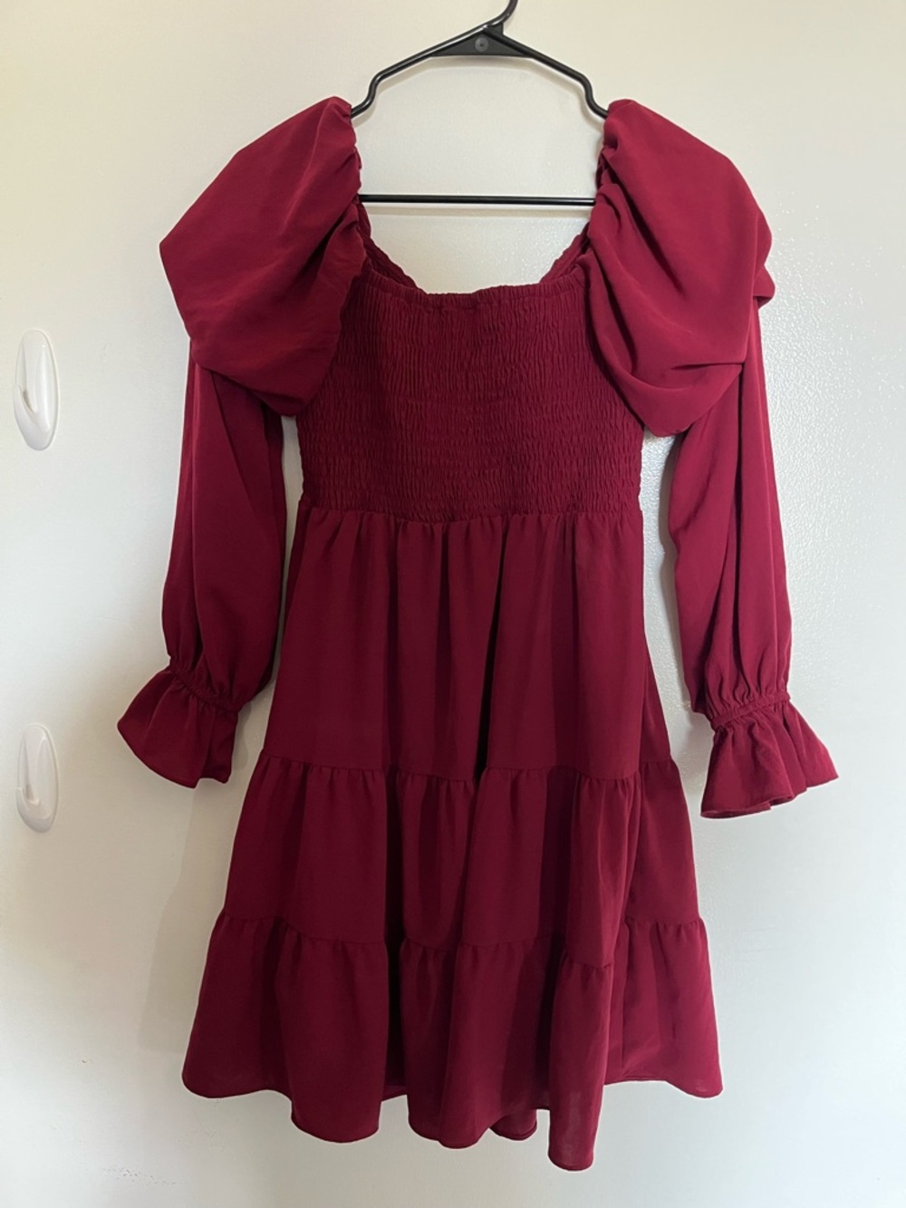 Smocked Burgundy Long Sleeve Tiered Mini Dress